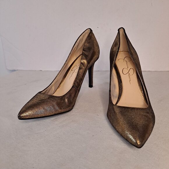 Jessica Simpson Lory Heels Women's Size 6.5M Gold Black Metallic Fabric Upper - Picture 1 of 11